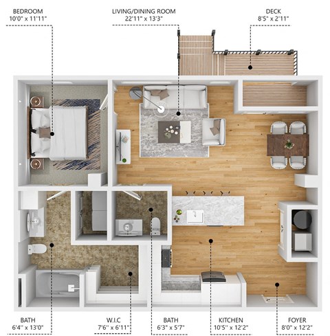 Floor plan for 1 bed, 1.5 baths, 825 sqft